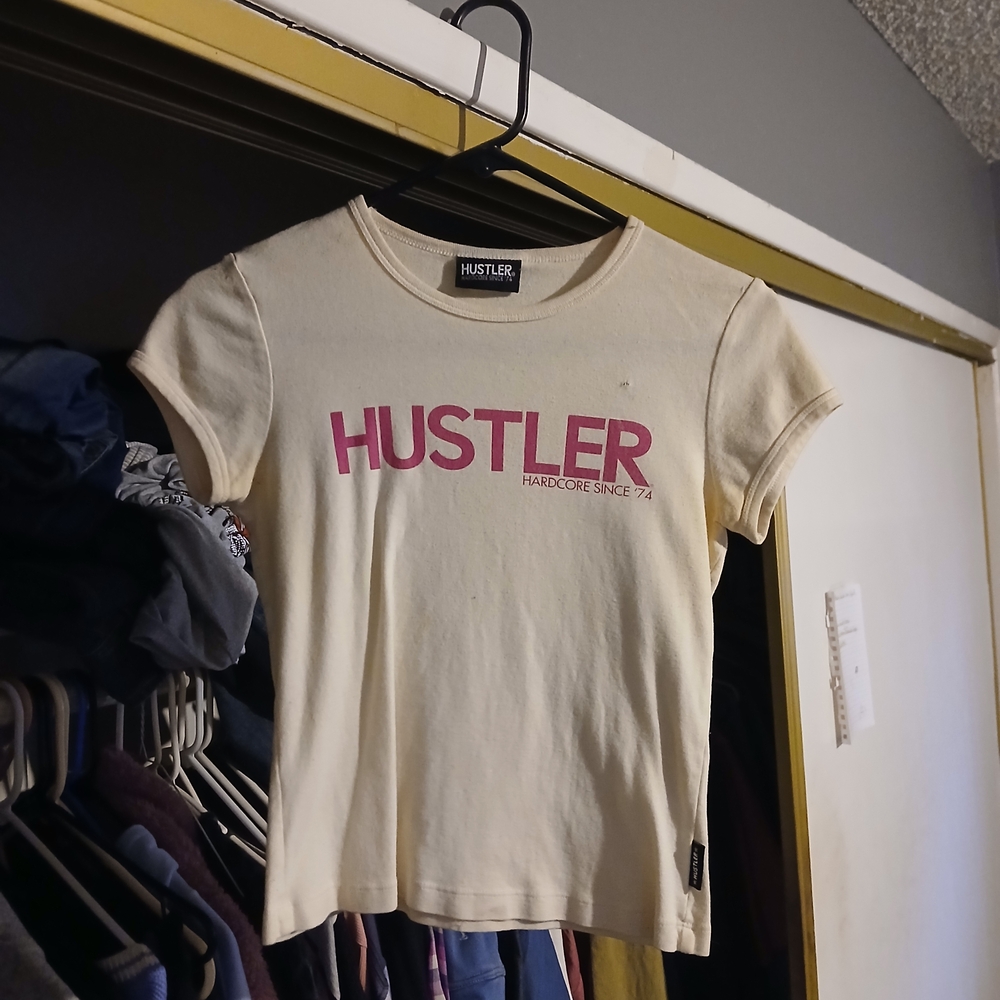 Hustler Hollywood Beige Tee with Pink Text